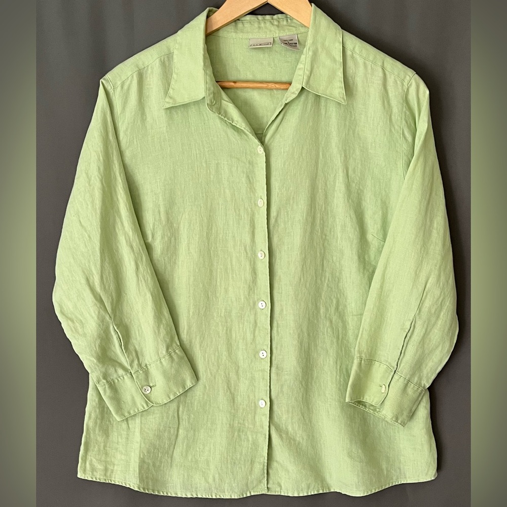 VTG L.L. Bean Women's L Lime Green 100% Linen Opalescent Button Top